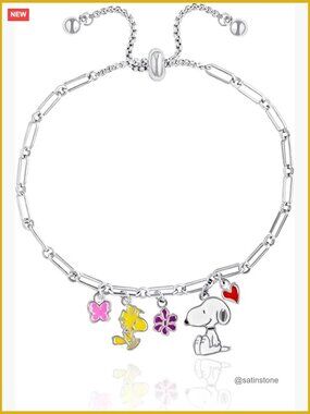 Adjustable Lariat Paperclip Chain Charm Bracelet - Silver Plated Enamel Charm